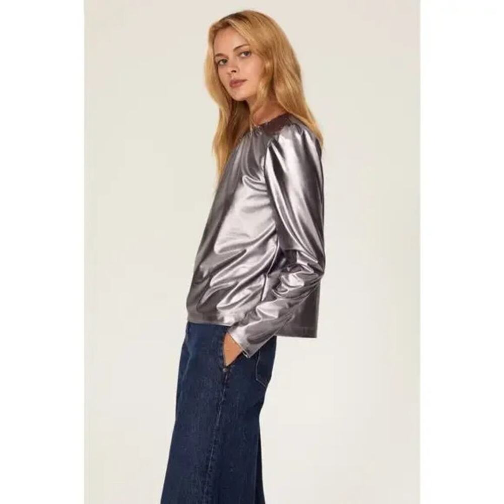 Derek Lam Kary Top Silver Metallic Pleated Pullover Long Sleeve Sz 46 / 10 Us View 3
